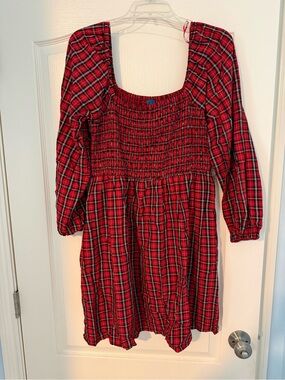 Old Navy Red Plaid Smocked Square-Neck Dress